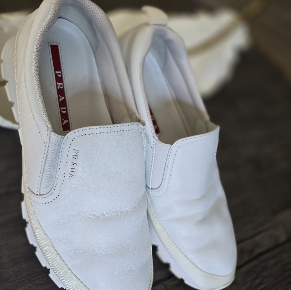 Authentic Prada White Leather Slip-On Shoes - Picture 7 of 16